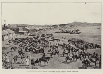 Entladung japanischer Kriegsgüter in Chemulpo, Munition links, Pontons in Segmenten rechts